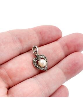 Vintage Sterling Silver 925 Marcasite Imitation Pearl Heart Pendant